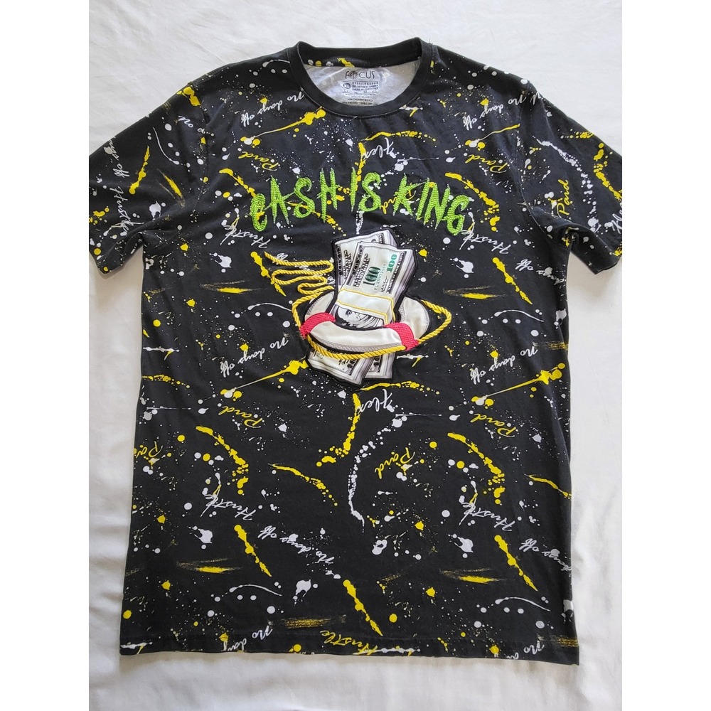 Focus Quality Goods Mens XL Cash Is King Paint Splatter Graphic T-Shirt Black